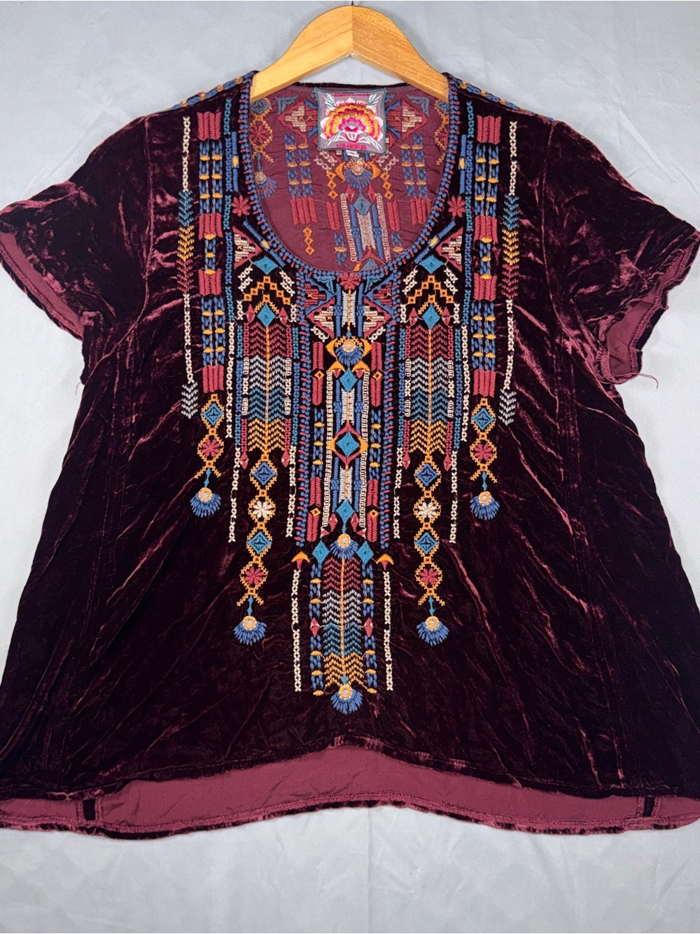 Johnny Was Blouse Womens Small Red Velvet Embroidered Scoop Neck Tunic Top Boho